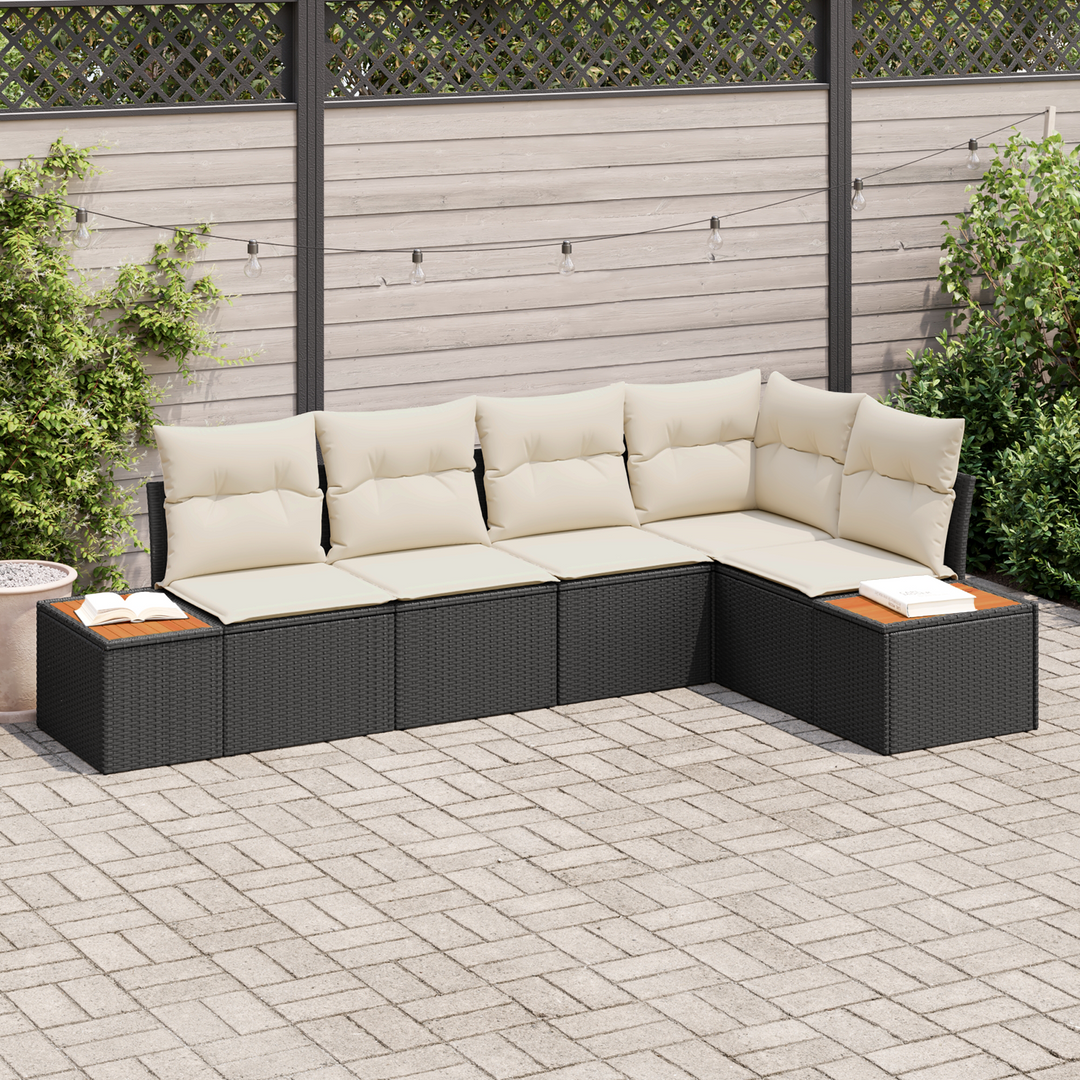 Havesofa Sæt med pude 5 pcs Sort og cremefarvet Poly rattan