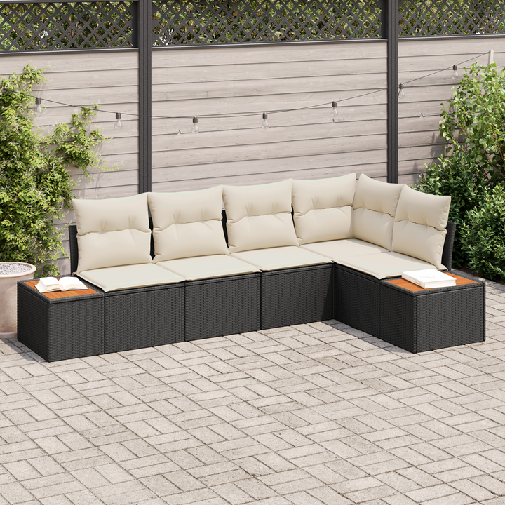 Havesofa Sæt med pude 5 pcs Sort og cremefarvet Poly rattan