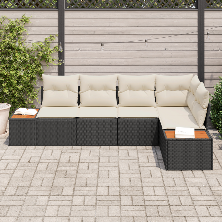 Havesofa Sæt med pude 5 pcs Sort og cremefarvet Poly rattan