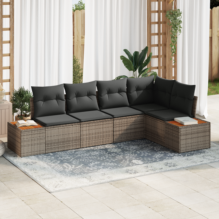 Havesofa Sæt med pude med opbevaring 5 pcs Grå Poly rattan
