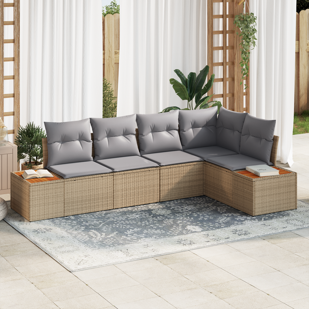 Havesofa Sæt med pude 5 pcs beige og lysegrå Poly rattan