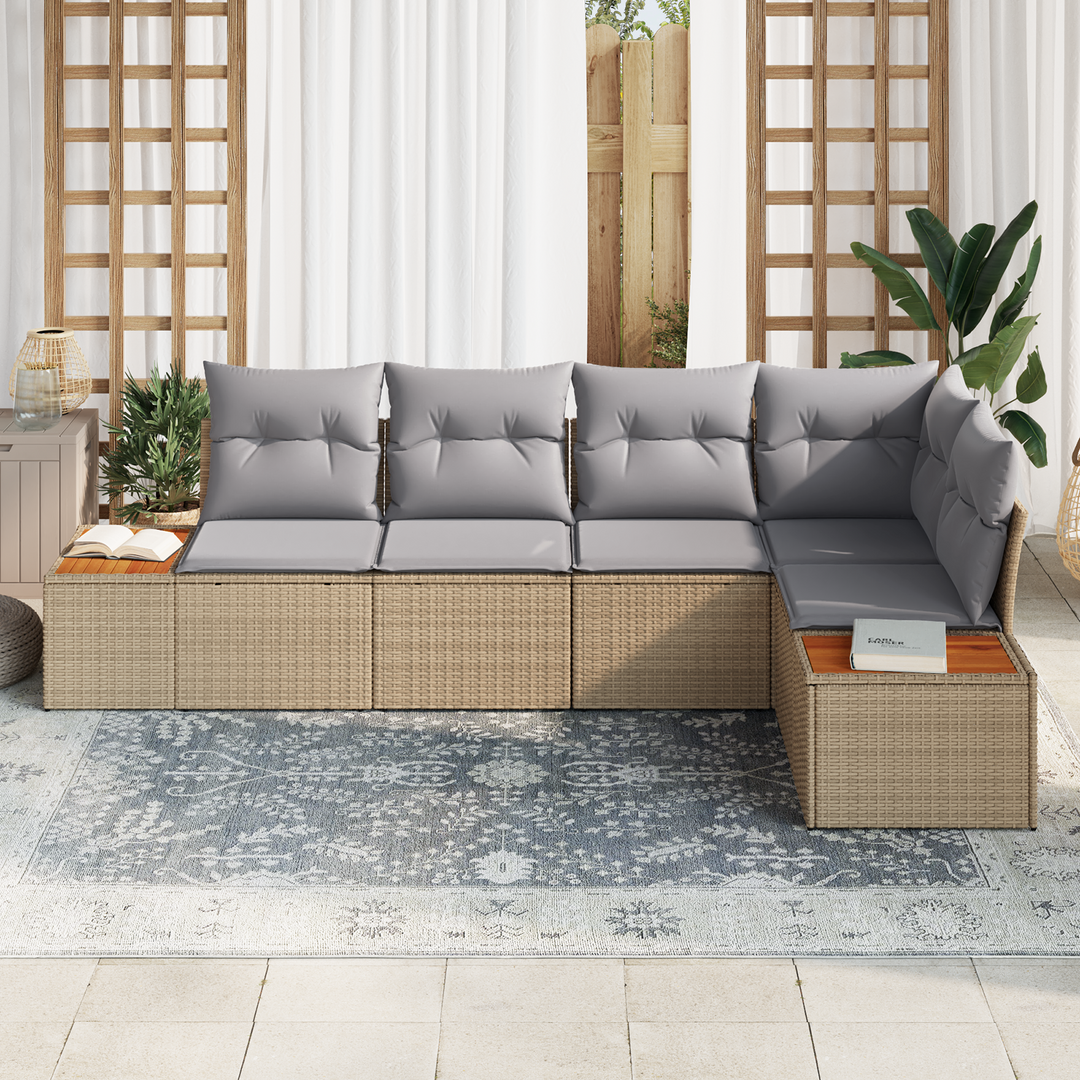 Havesofa Sæt med pude 5 pcs beige og lysegrå Poly rattan
