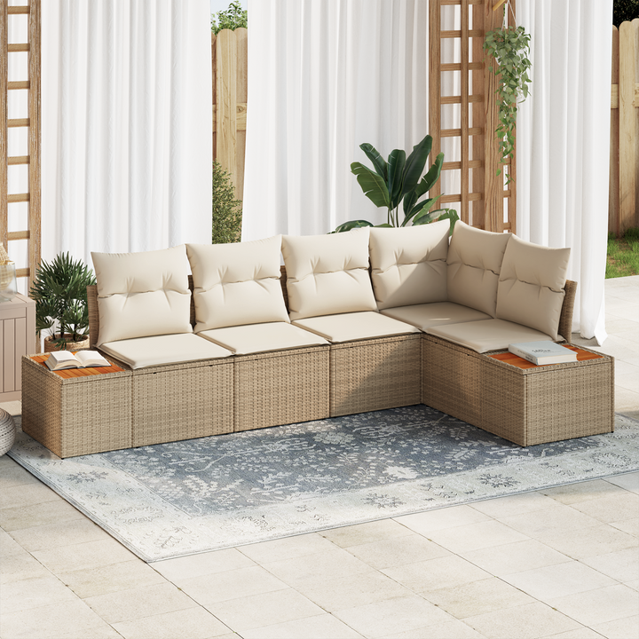 Havesofa Sæt med pude 5 pcs beige og cremefarvet Poly rattan