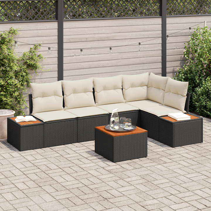 Havesofa Sæt med pude 6 pcs Sort og cremefarvet Poly rattan