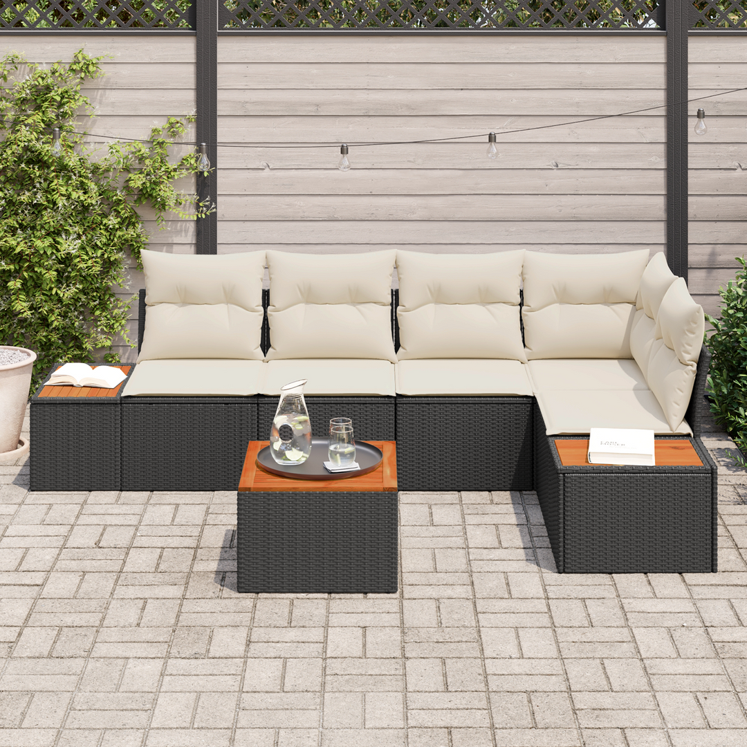 Havesofa Sæt med pude 6 pcs Sort og cremefarvet Poly rattan