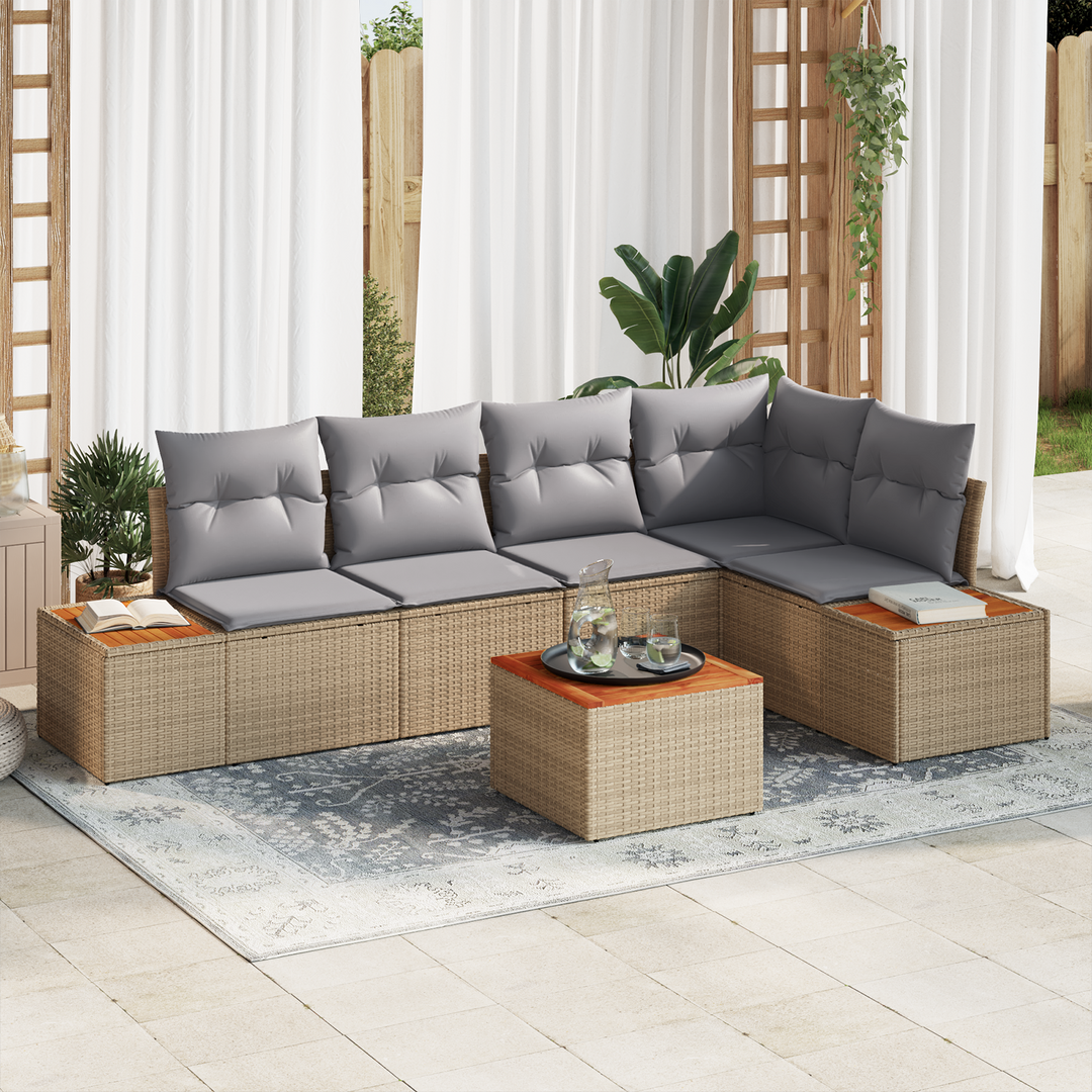 Havesofa Sæt med pude 6 pcs beige og lysegrå Poly rattan