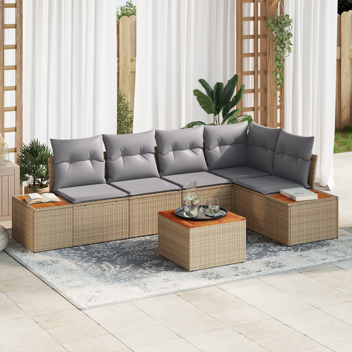 Havesofa Sæt med pude 6 pcs beige og lysegrå Poly rattan