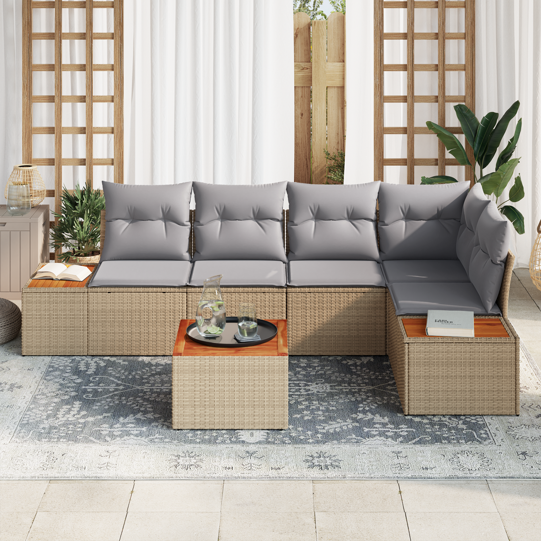 Havesofa Sæt med pude 6 pcs beige og lysegrå Poly rattan