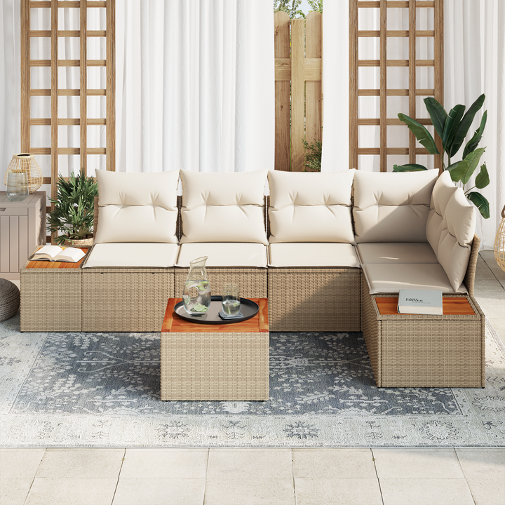 Havesofa Sæt med pude 6 pcs beige og cremefarvet Poly rattan