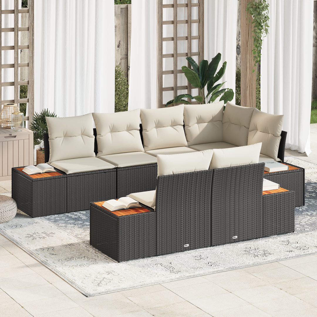 Havesofa Sæt med pude 7 pcs Sort og Cream Polyrattan