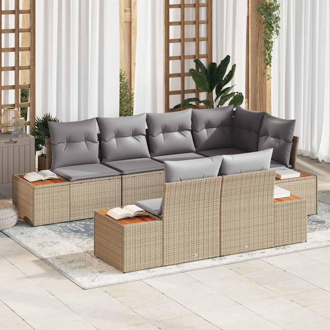 Havesofa Sæt med pude 7 pcs Beige og lys grå Polyrattan