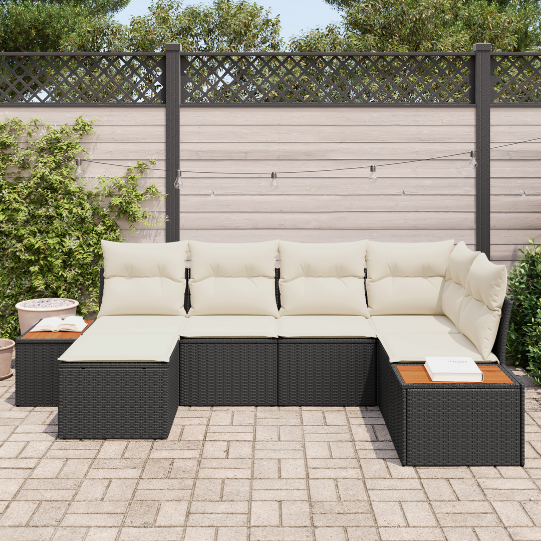 Havesofa Sæt med pude 7 pcs Sort og Cream Polyrattan