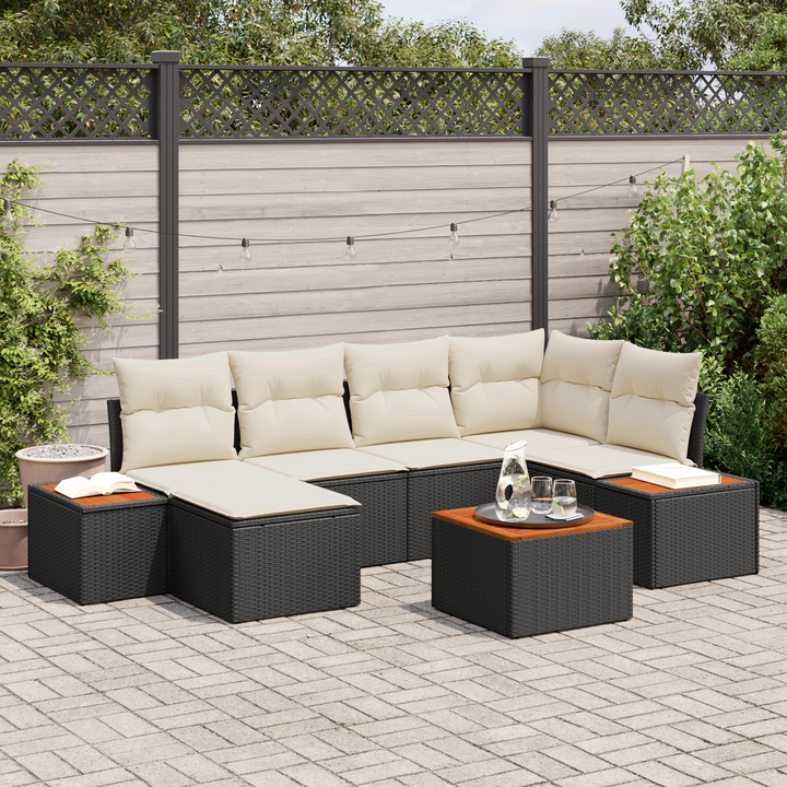 Havesofa Sæt med pude 7 pcs Sort og Cream Polyrattan