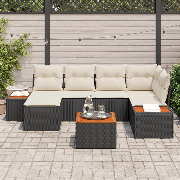 Havesofa Sæt med pude 7 pcs Sort og Cream Polyrattan