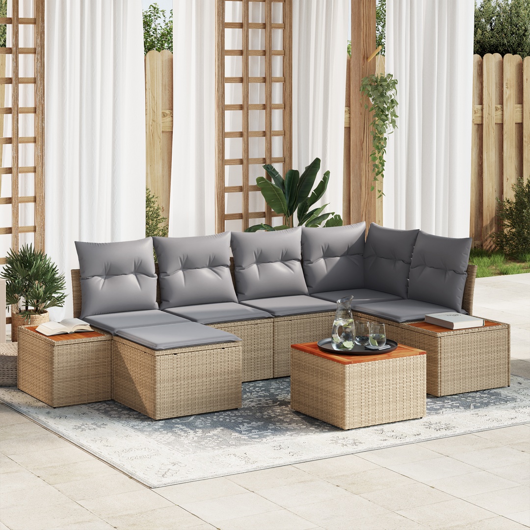 Havesofa Sæt med pude 7 pcs Beige og lys grå Polyrattan