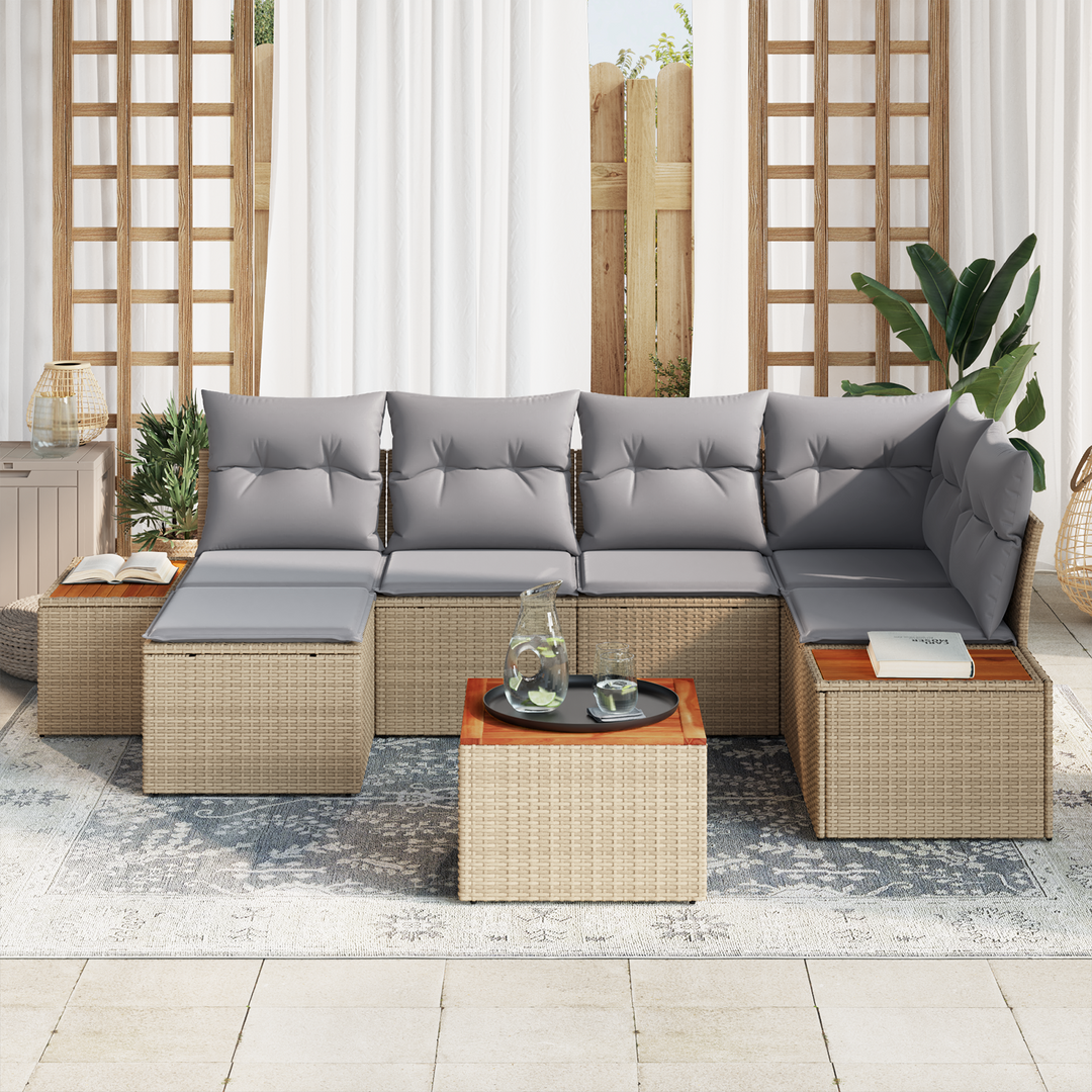 Havesofa Sæt med pude 7 pcs Beige og lys grå Polyrattan