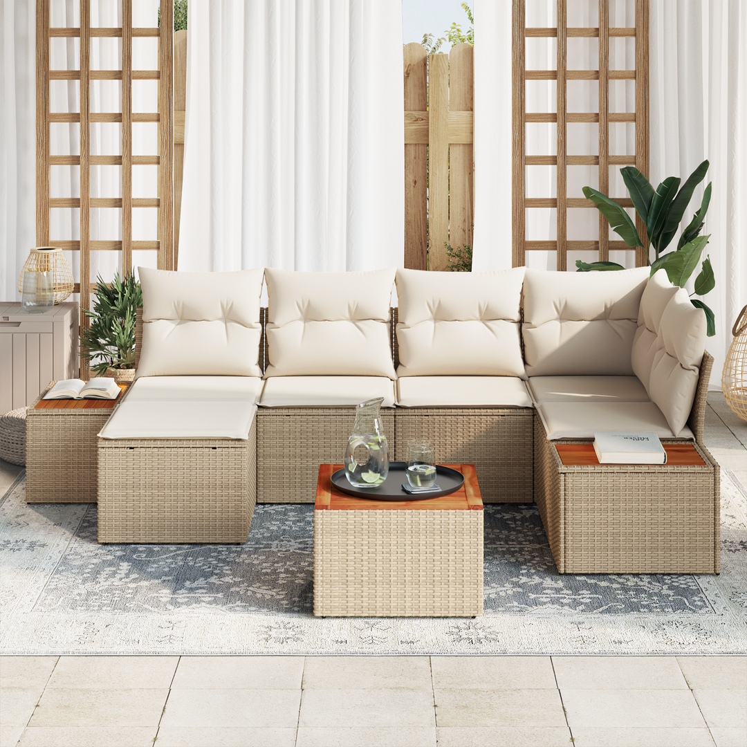 Havesofa Sæt med pude 7 pcs Beige og creme Polyrattan