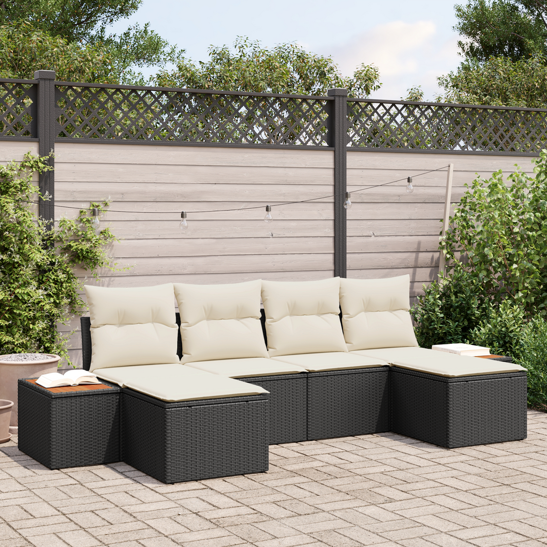 Havesofa Sæt med pude 6 pcs Sort og Cream Poly Rattan