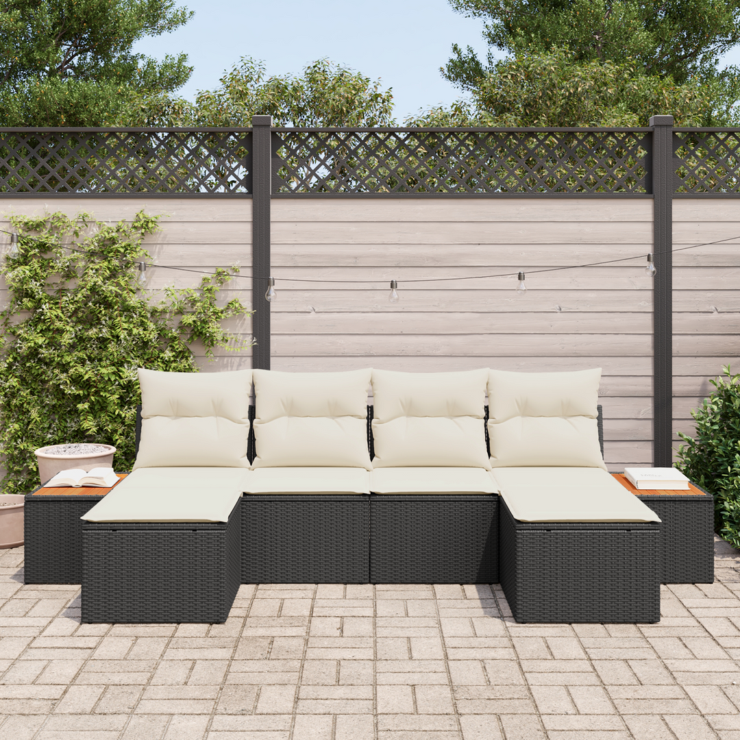 Havesofa Sæt med pude 6 pcs Sort og Cream Poly Rattan