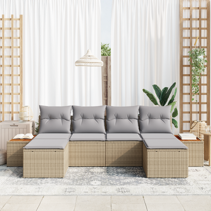 Havesofa Sæt med pude 6 pcs Beige og lys grå Poly Rattan