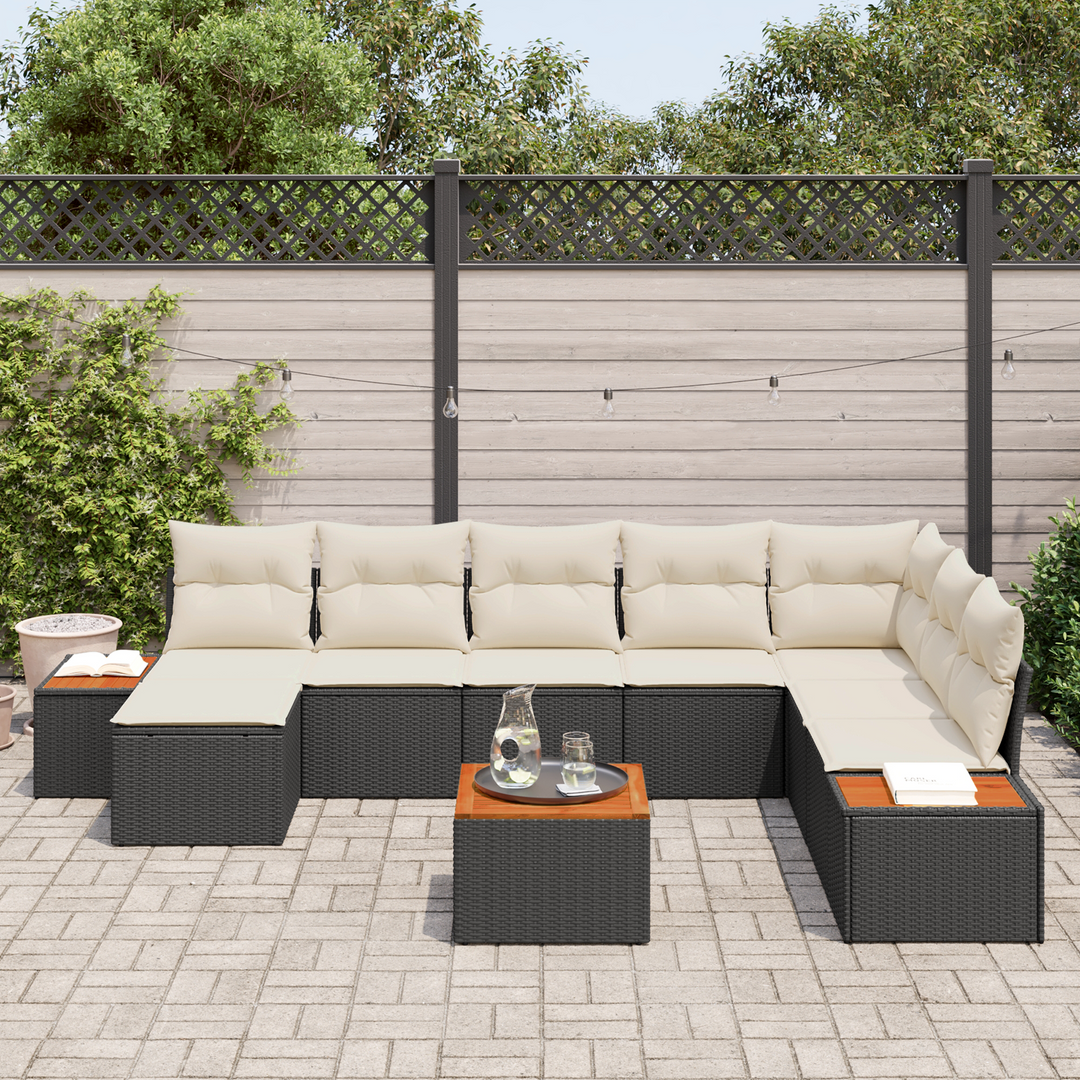 Havesofa Sæt med pude 9 pcs Sort og Cream Polyrattan