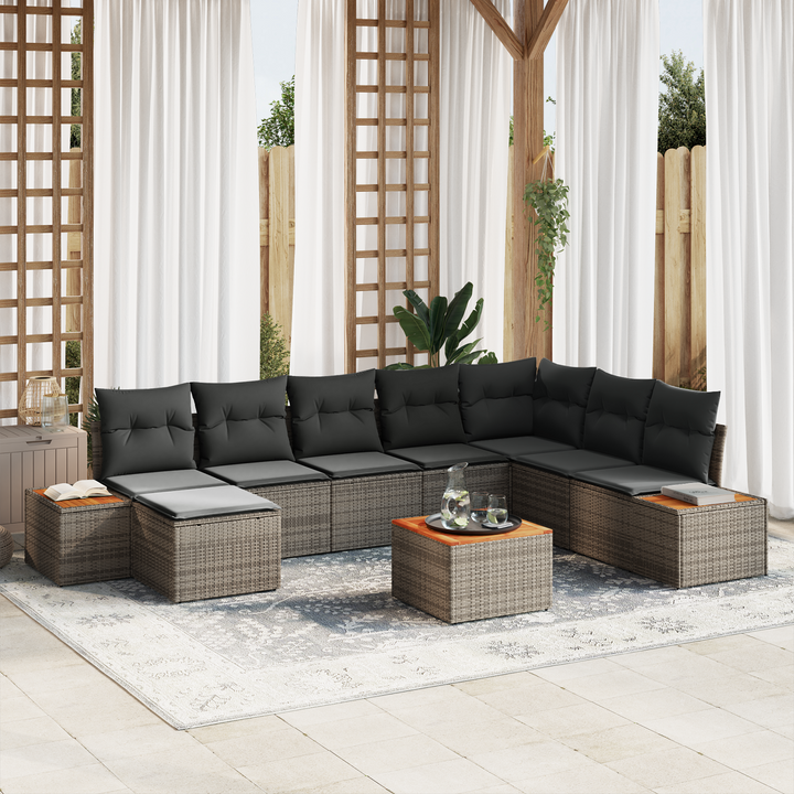 Havesofa Sæt med pude med opbevaring 9 pcs Grå Polyrattan