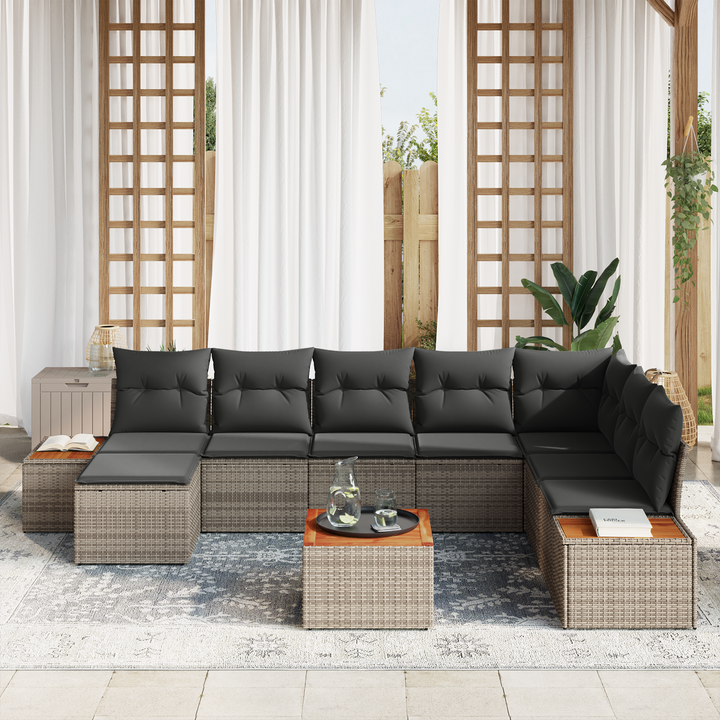 Havesofa Sæt med pude med opbevaring 9 pcs Grå Polyrattan
