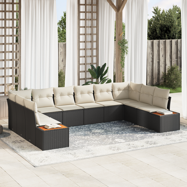 Havesofa Sæt med pude 10 pcs Sort og Cream Polyrattan
