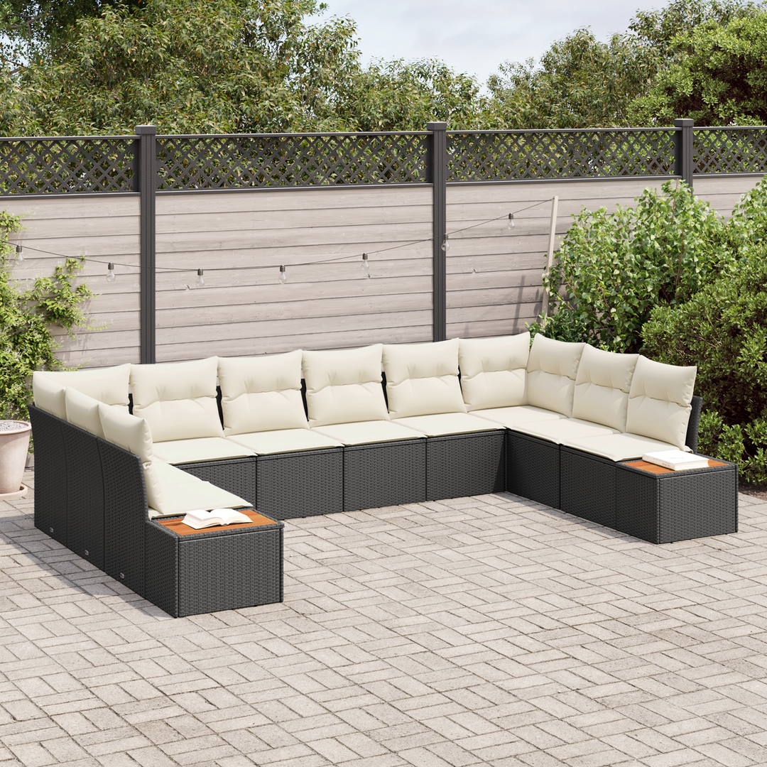 Havesofa Sæt med pude 10 pcs Sort og Cream Polyrattan