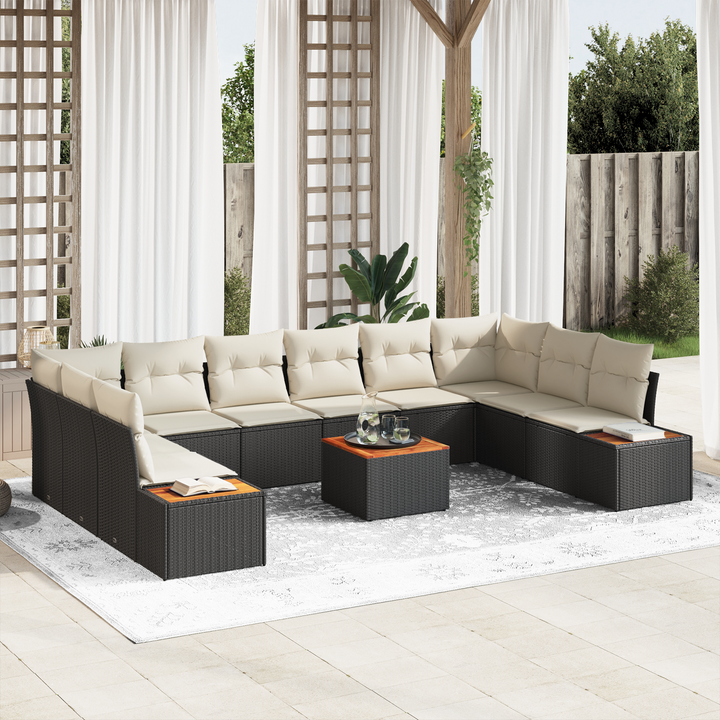 Havesofa Sæt med pude 10 pcs Sort og Cream Polyrattan