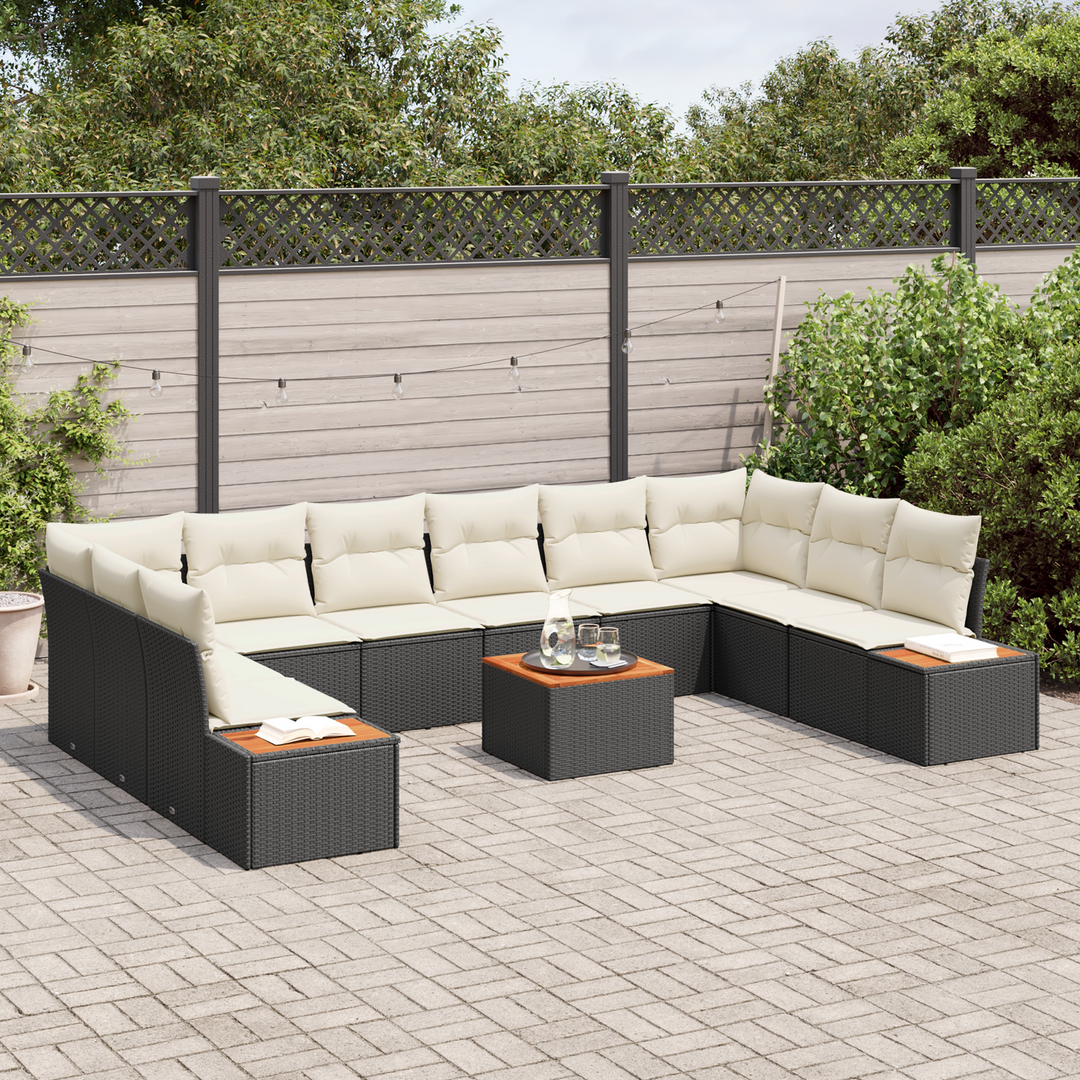 Havesofa Sæt med pude 10 pcs Sort og Cream Polyrattan