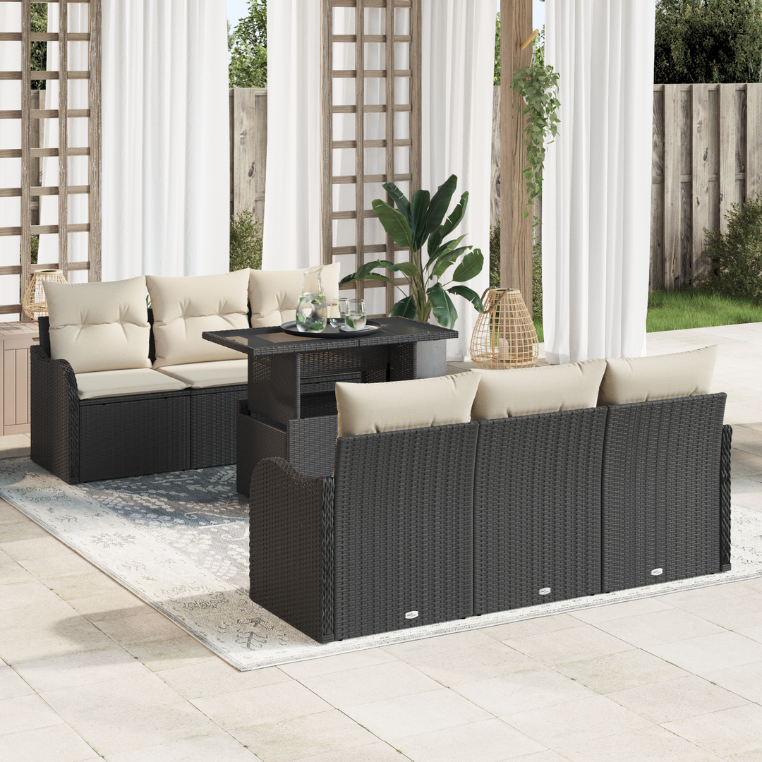 Havesofa Sæt med pude med opbevaring 7 pcs Sort Poly Rattan
