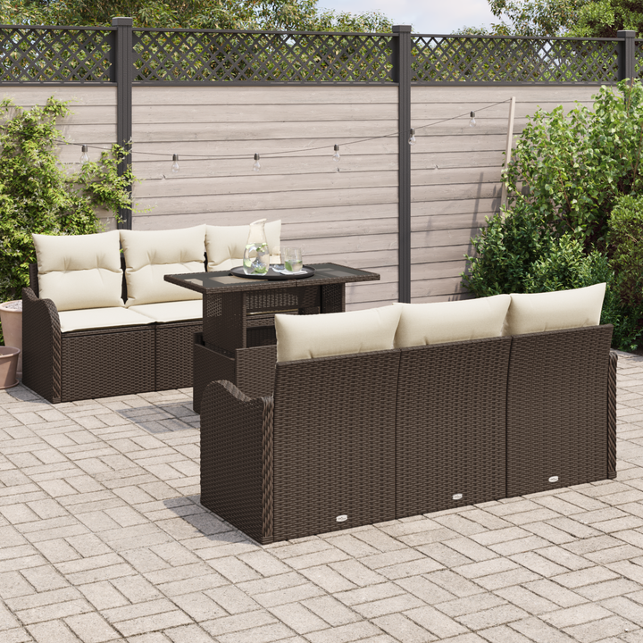 Havesofa Sæt med pude med opbevaring 7 pcs Brun Poly Rattan