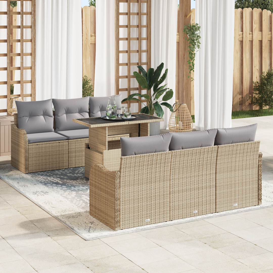 Havesofa Sæt med pude med opbevaring 7 pcs Beige Poly Rattan