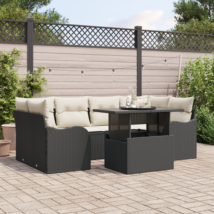 Havesofa Sæt med pude med opbevaring 7 pcs Sort Poly Rattan
