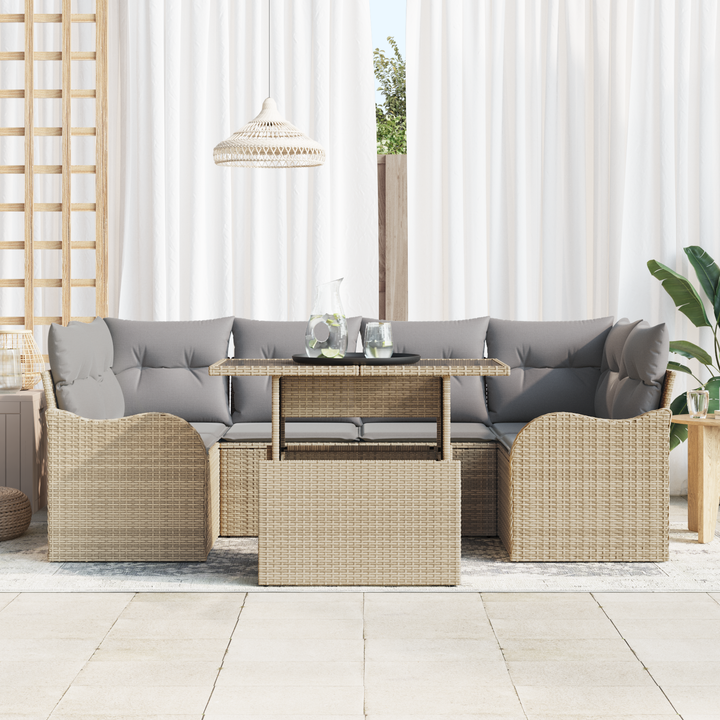 Havesofa Sæt med pude med opbevaring 7 pcs Beige Poly Rattan