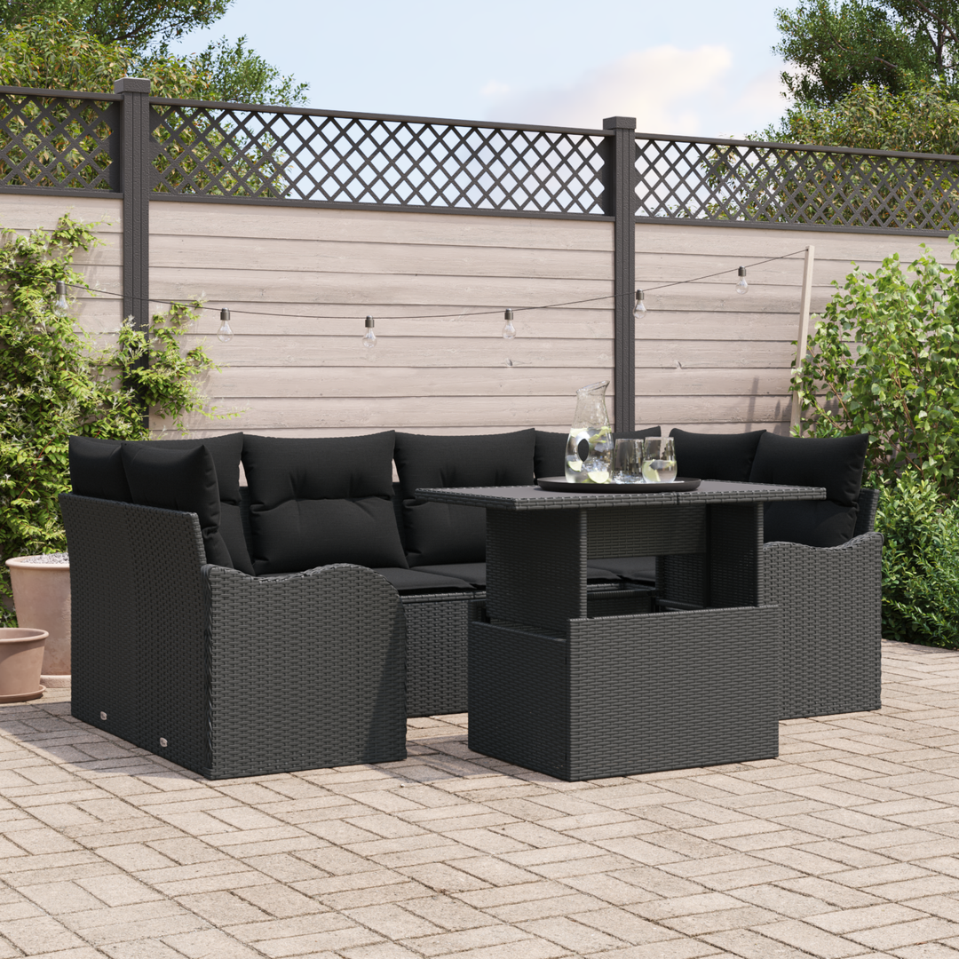 Havesofa Sæt med pude med opbevaring 7 pcs Sort Poly Rattan
