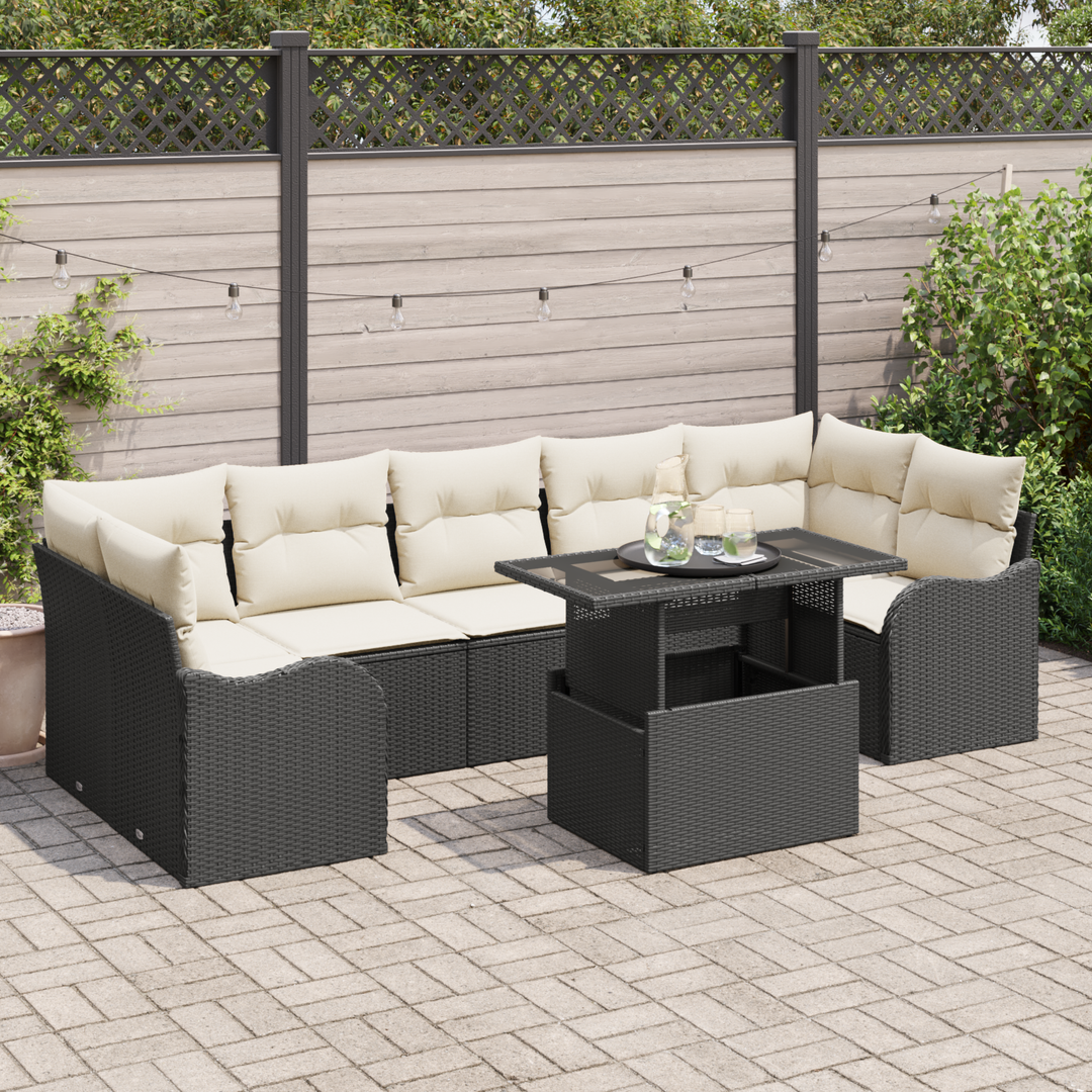 Havesofa Sæt med pude med opbevaring 8 pcs Sort Poly Rattan