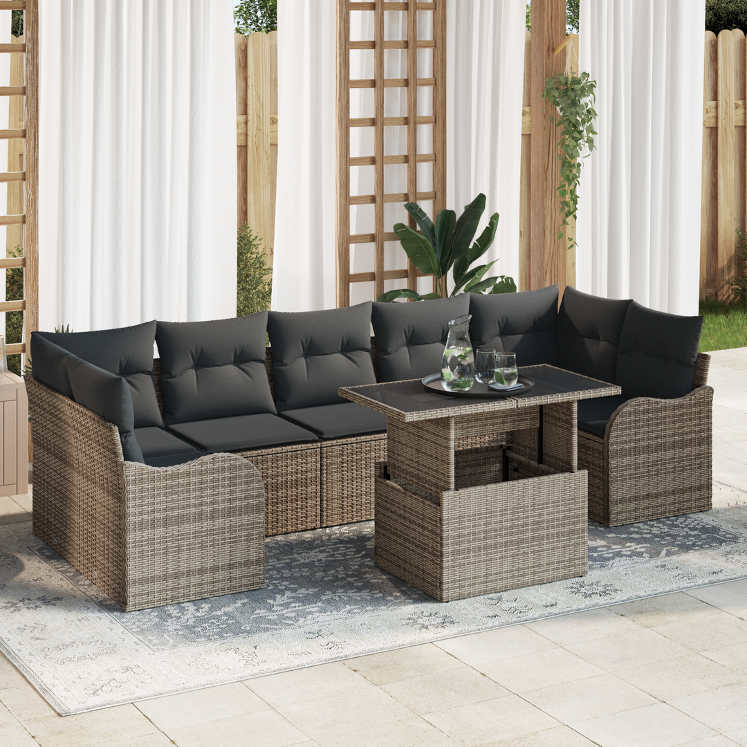 Havesofa Sæt med pude med opbevaring 8 pcs Grå Poly Rattan