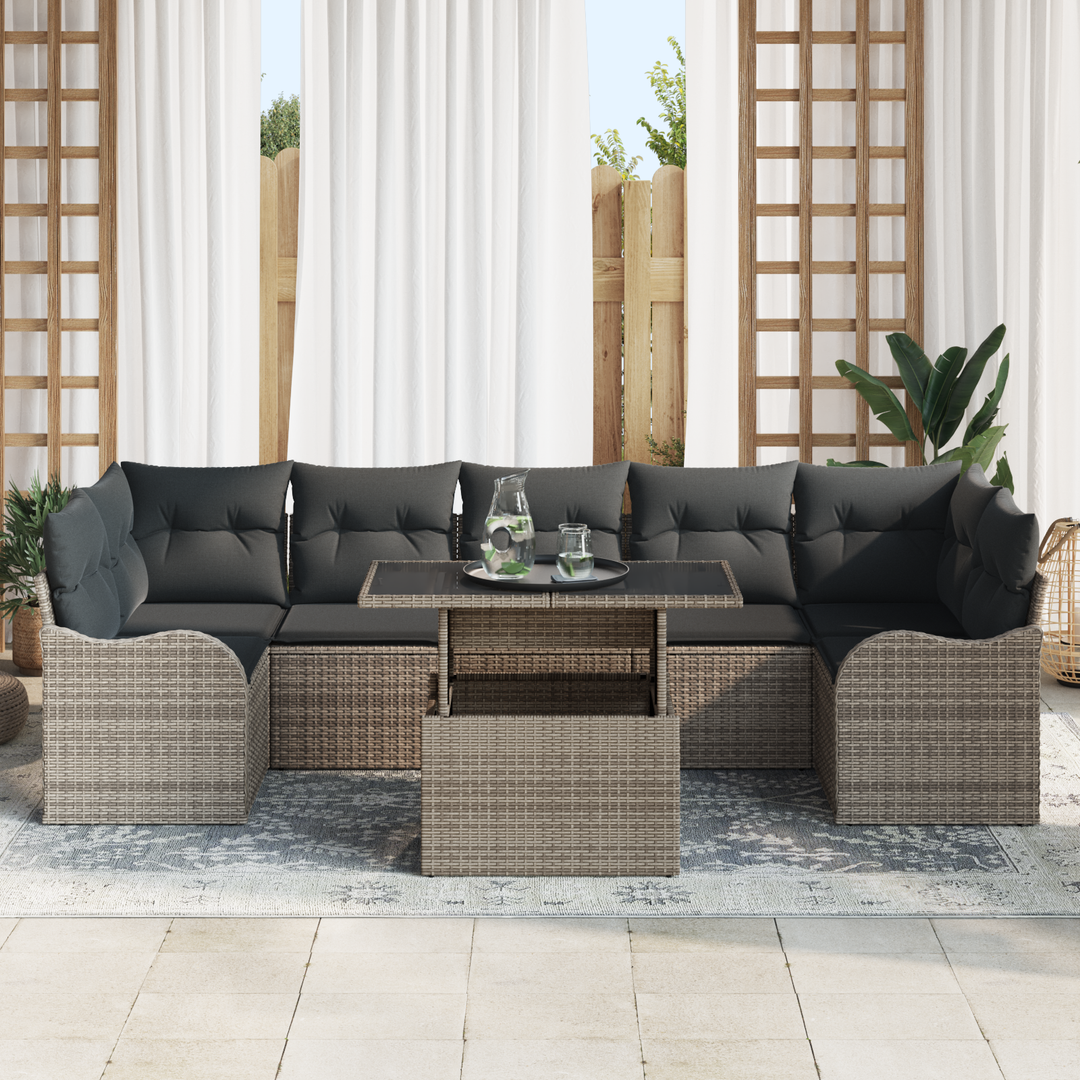 Havesofa Sæt med pude med opbevaring 8 pcs Grå Poly Rattan