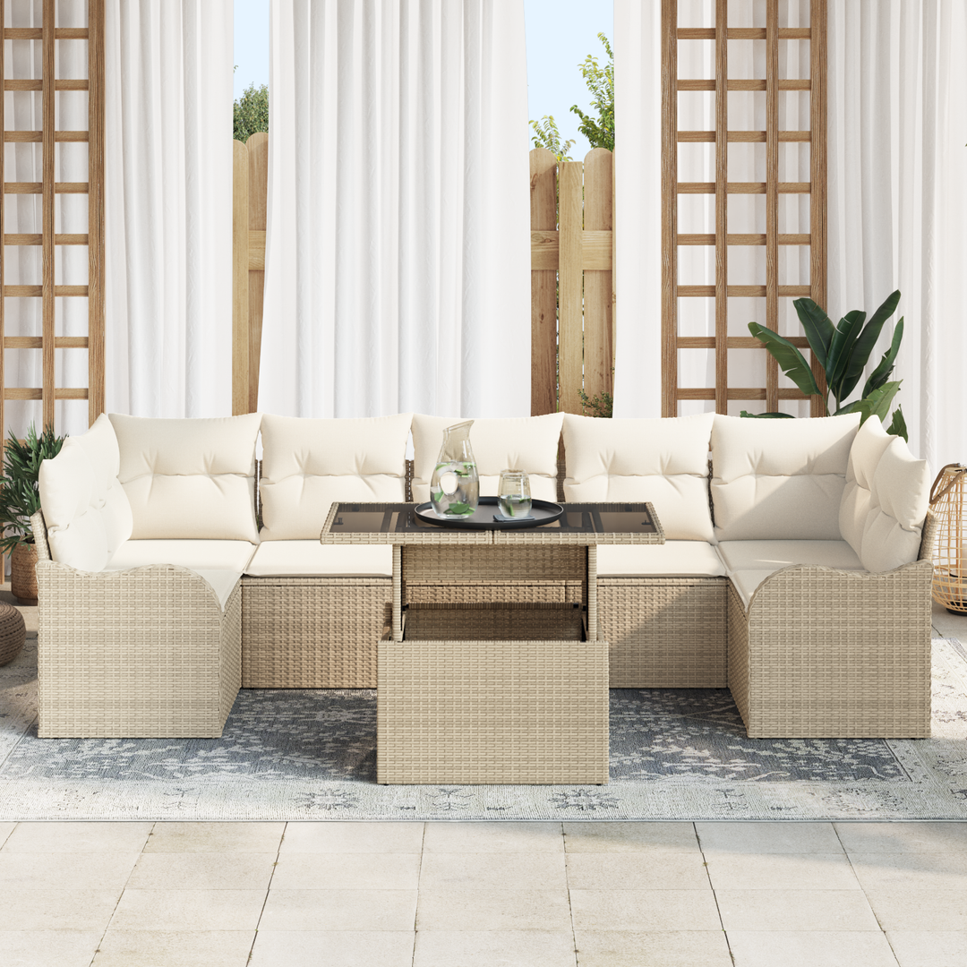 Havesofa Sæt med pude med opbevaring 8 pcs Beige Poly Rattan