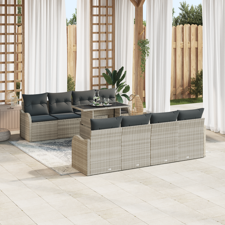Havesofa Sæt med pude med opbevaring 9 pcs Lysegrå Poly Rattan