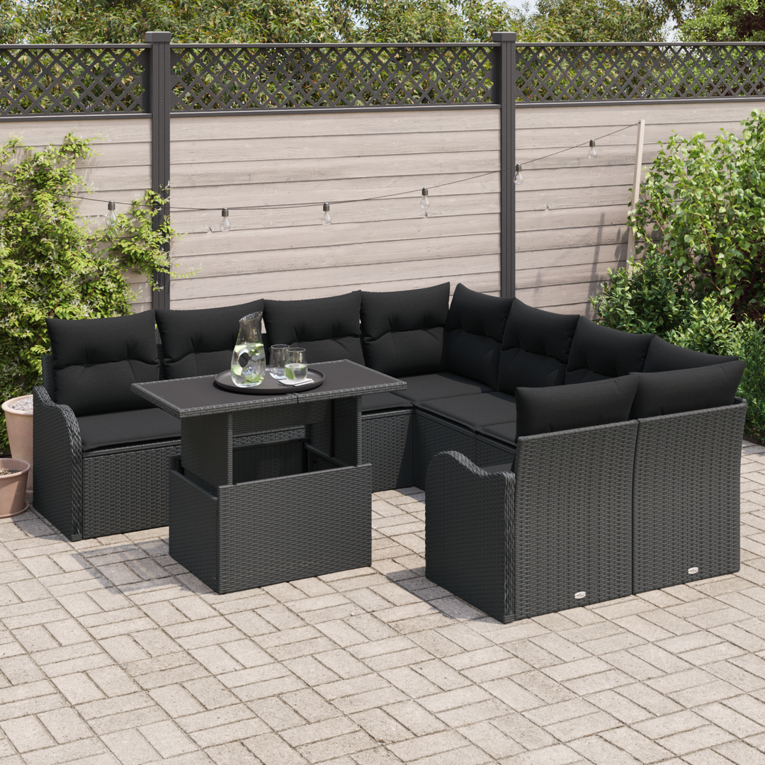 Havesofa Sæt med pude med pude 9 pcs Sort Polyrattan