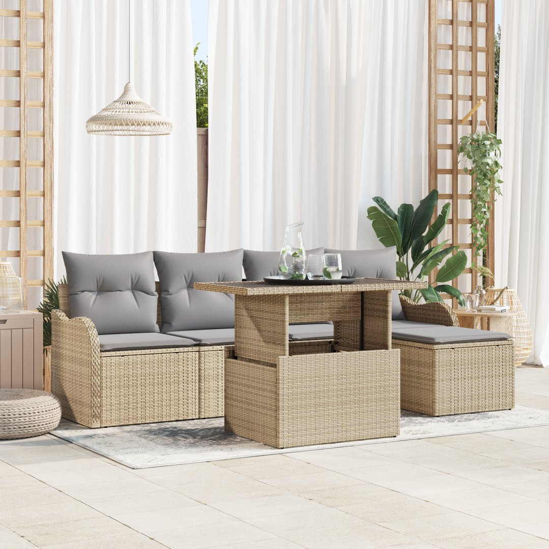 Havesofa Sæt med pude 6 pcs Beige Polyrattan