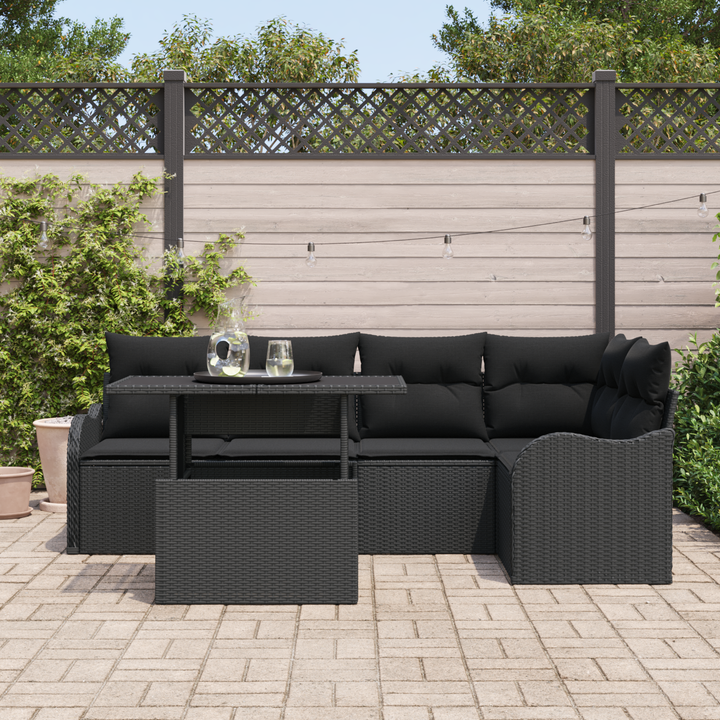 Havesofa Sæt med pude med pude 6 pcs Sort Poly Rattan