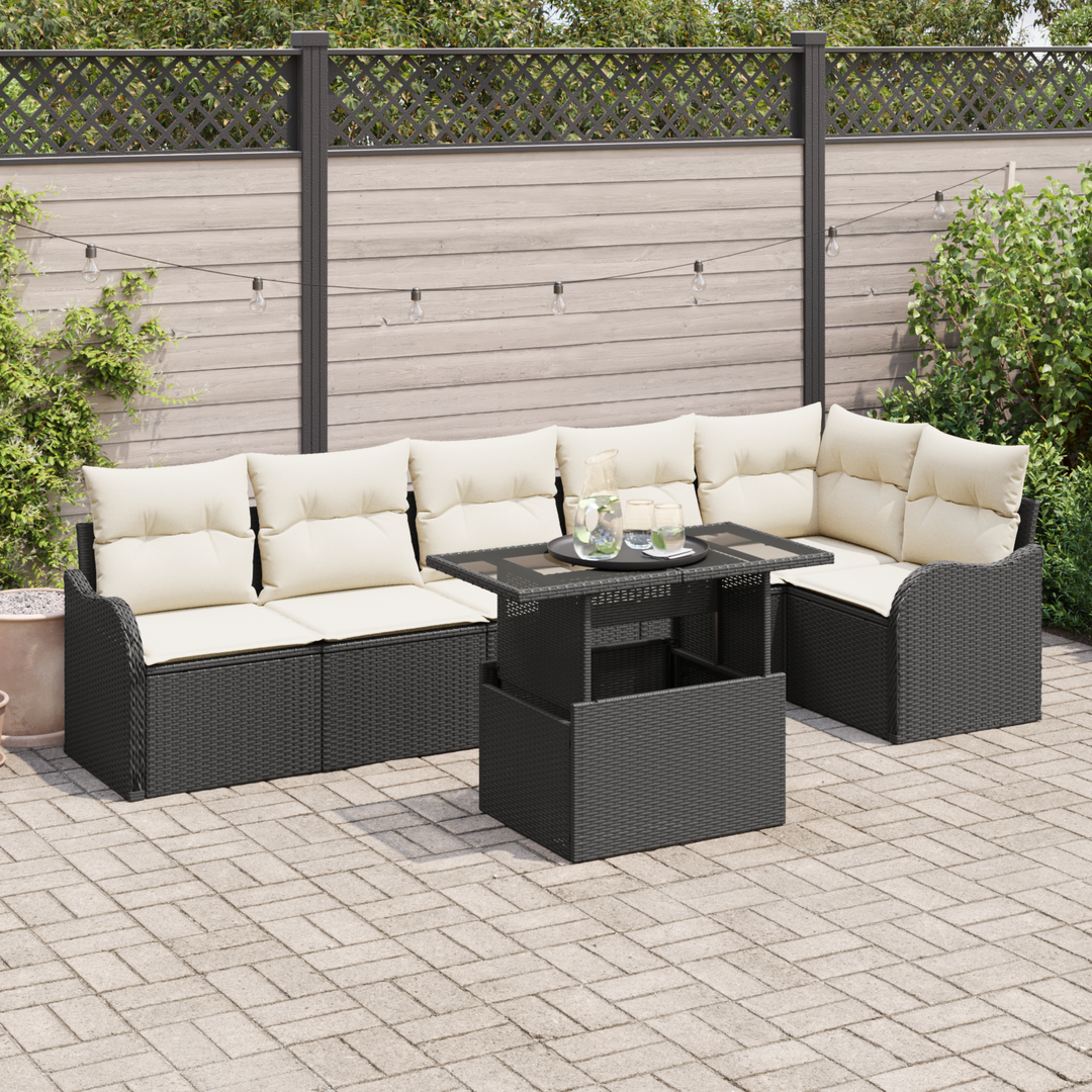 Havesofa Sæt med pude med pude 7 pcs Sort Poly Rattan