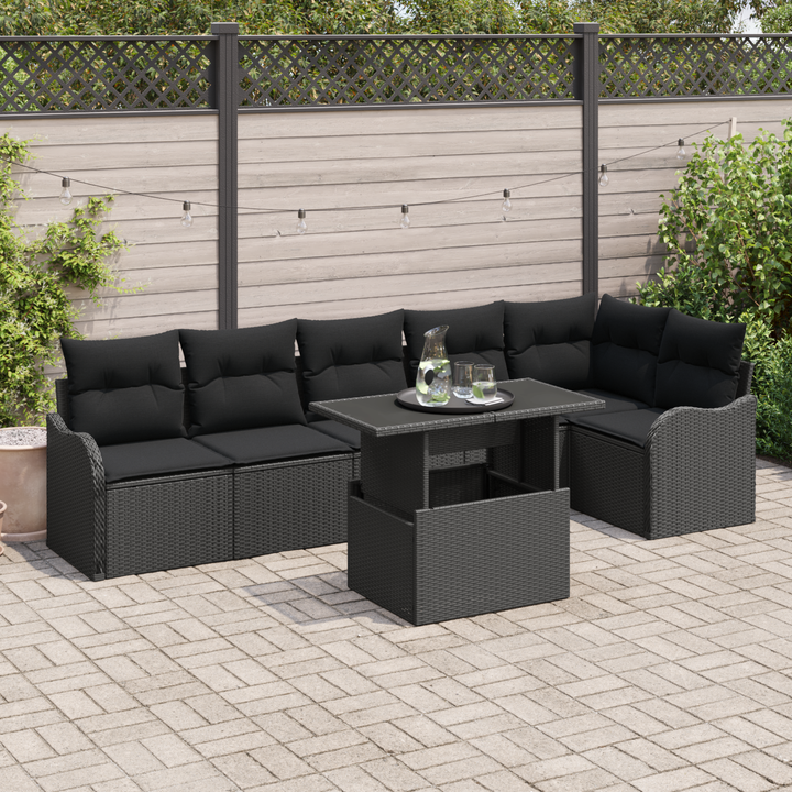 Havesofa Sæt med pude med pude 7 pcs Sort Poly Rattan