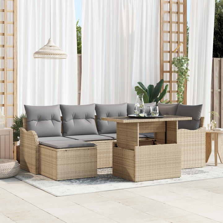 Havesofa Sæt med pude med opbevaring 7 pcs Beige Poly rattan
