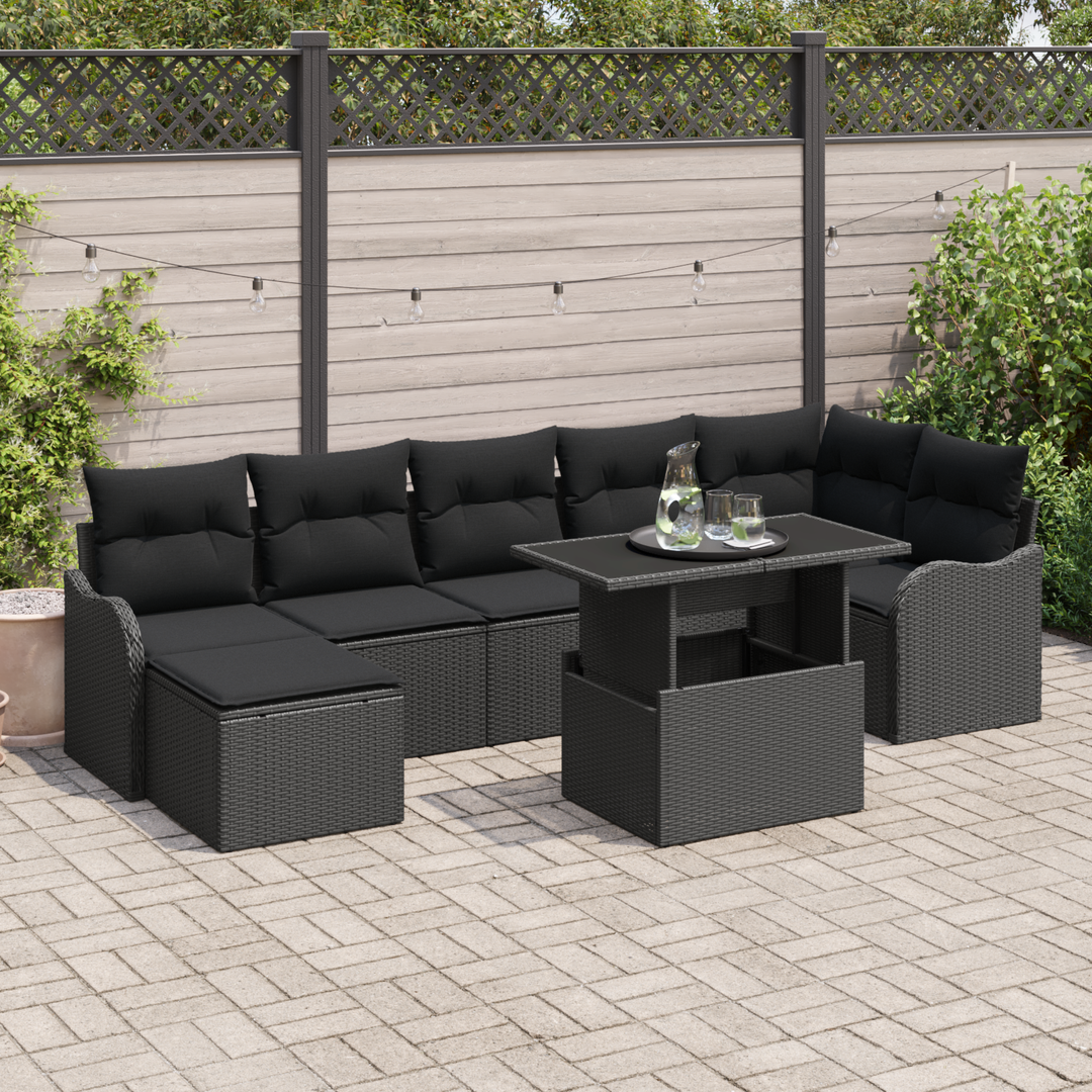 Havesofa Sæt med pude med opbevaring 8 pcs Sort Poly rattan