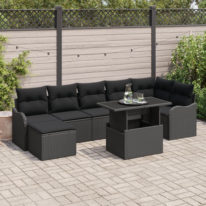 Havesofa Sæt med pude med opbevaring 8 pcs Sort Poly rattan
